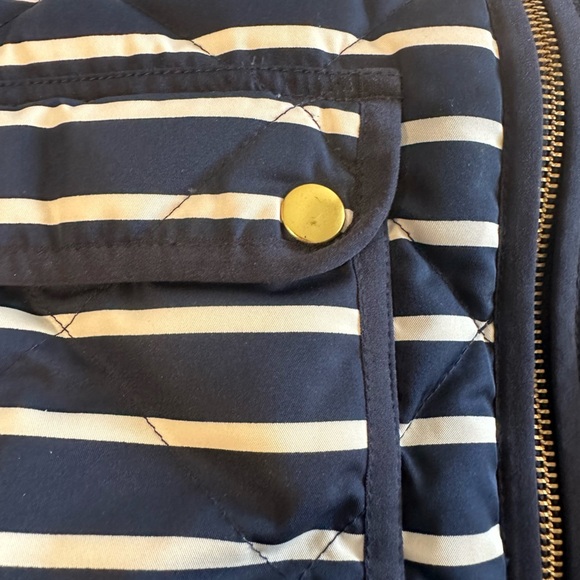 EUC** J Crew Down Filled Puffer Vest Blue Cream Striped Zip Up Women’s Size XXS - Picture 5 of 8